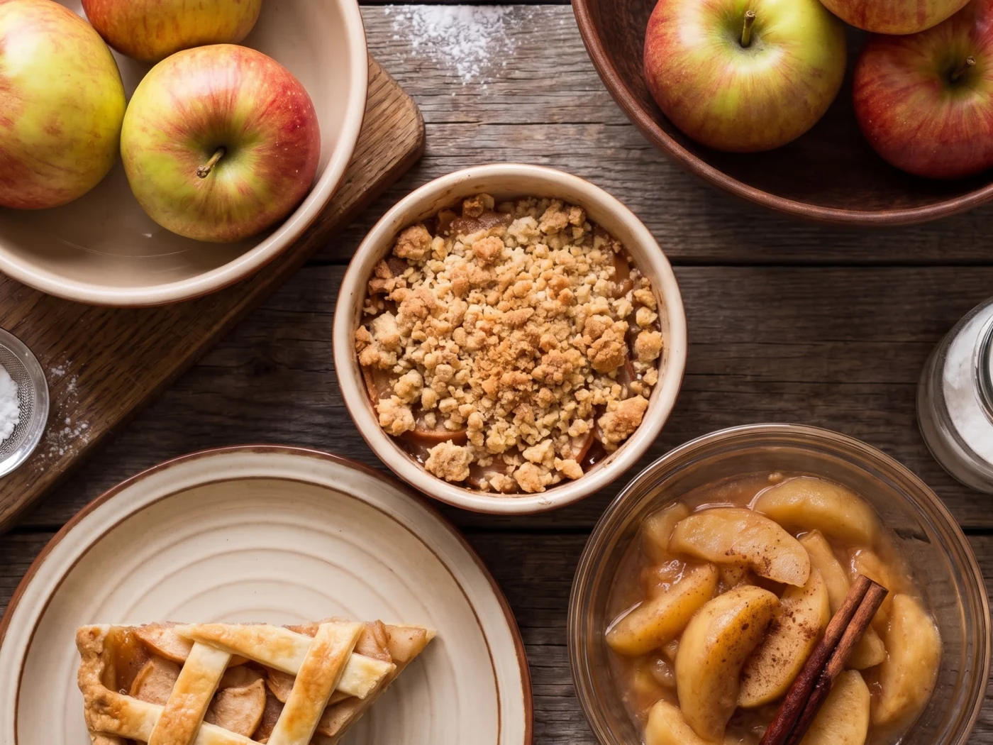 Overhead view of apple desserts on a wooden table: a slice of lattice apple pie, a dish of apple crumble, a bowl of cinnamon stewed apple slices, and bowls of fresh apples