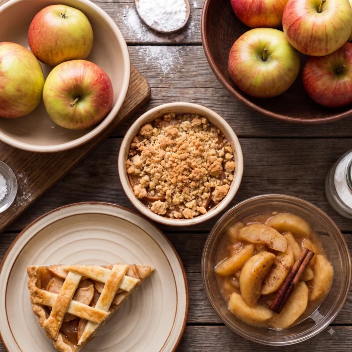 Overhead view of apple desserts on a wooden table: a slice of lattice apple pie, a dish of apple crumble, a bowl of cinnamon stewed apple slices, and bowls of fresh apples