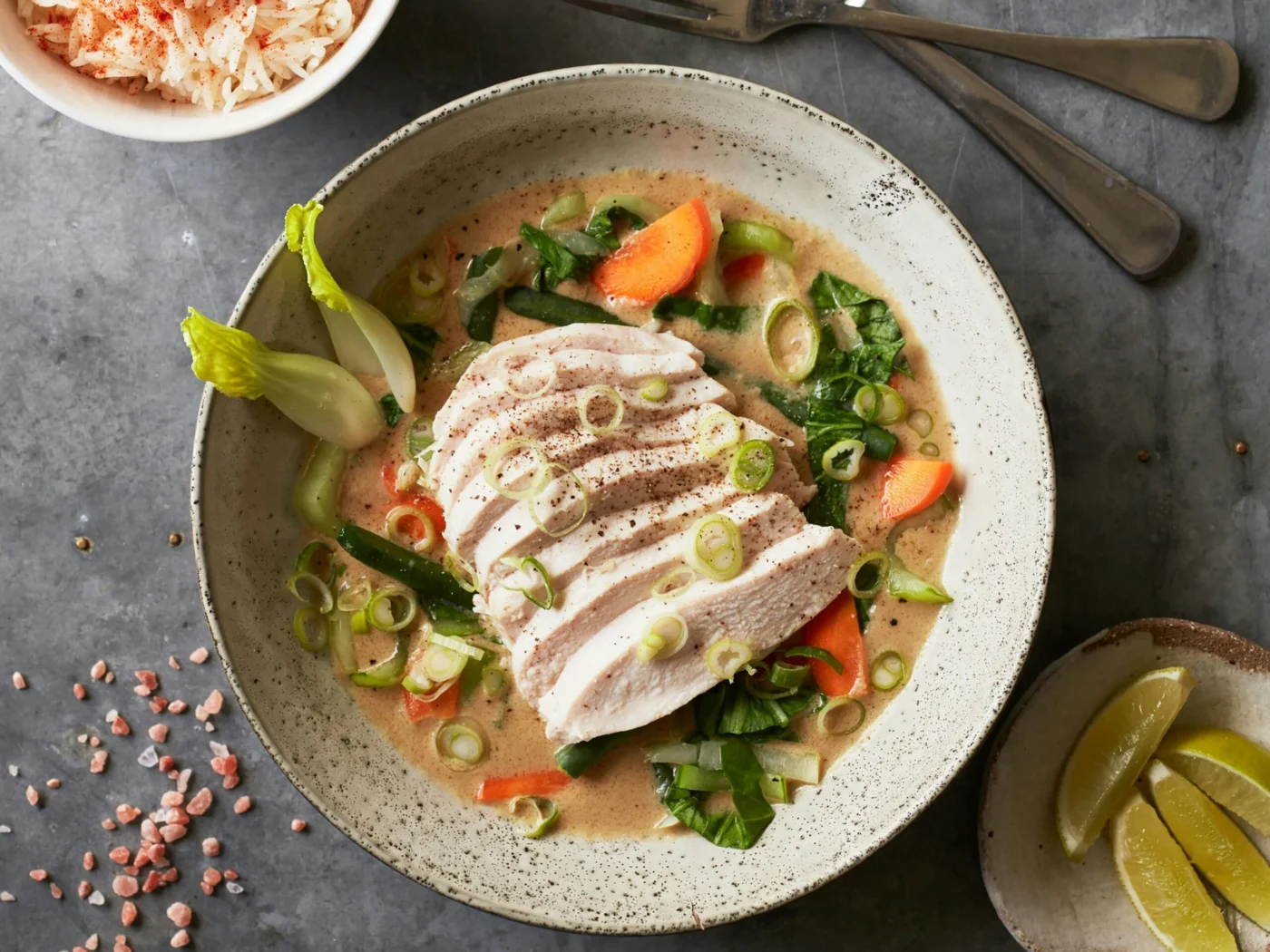 Overhead view of a bowl of sliced chicken breast in a creamy coconut broth with pak choi, carrot and spring onion, served with a bowl of rice and lime wedges