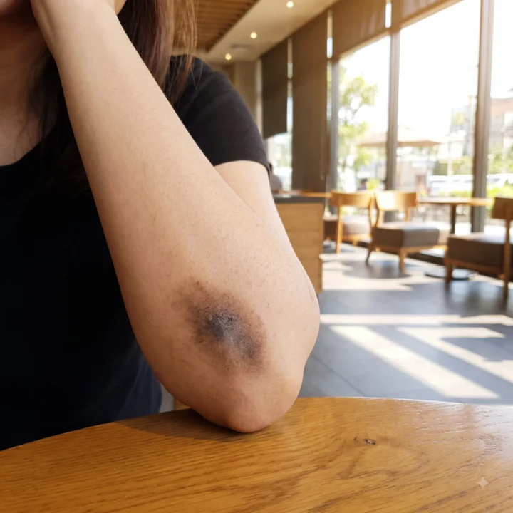 Close-up of a dark, dry patch of skin on a bent elbow resting on a wooden cafe table