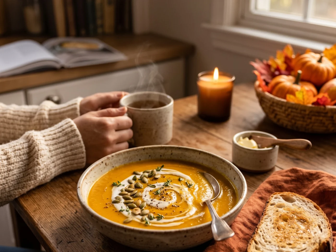 A bowl of creamy orange squash soup swirled with cream and topped with pumpkin seeds and thyme, on a wooden table beside buttered toast, a candle and a basket of small pumpkins
