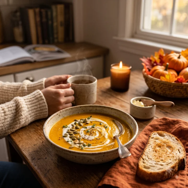 A bowl of creamy orange squash soup swirled with cream and topped with pumpkin seeds and thyme, on a wooden table beside buttered toast, a candle and a basket of small pumpkins