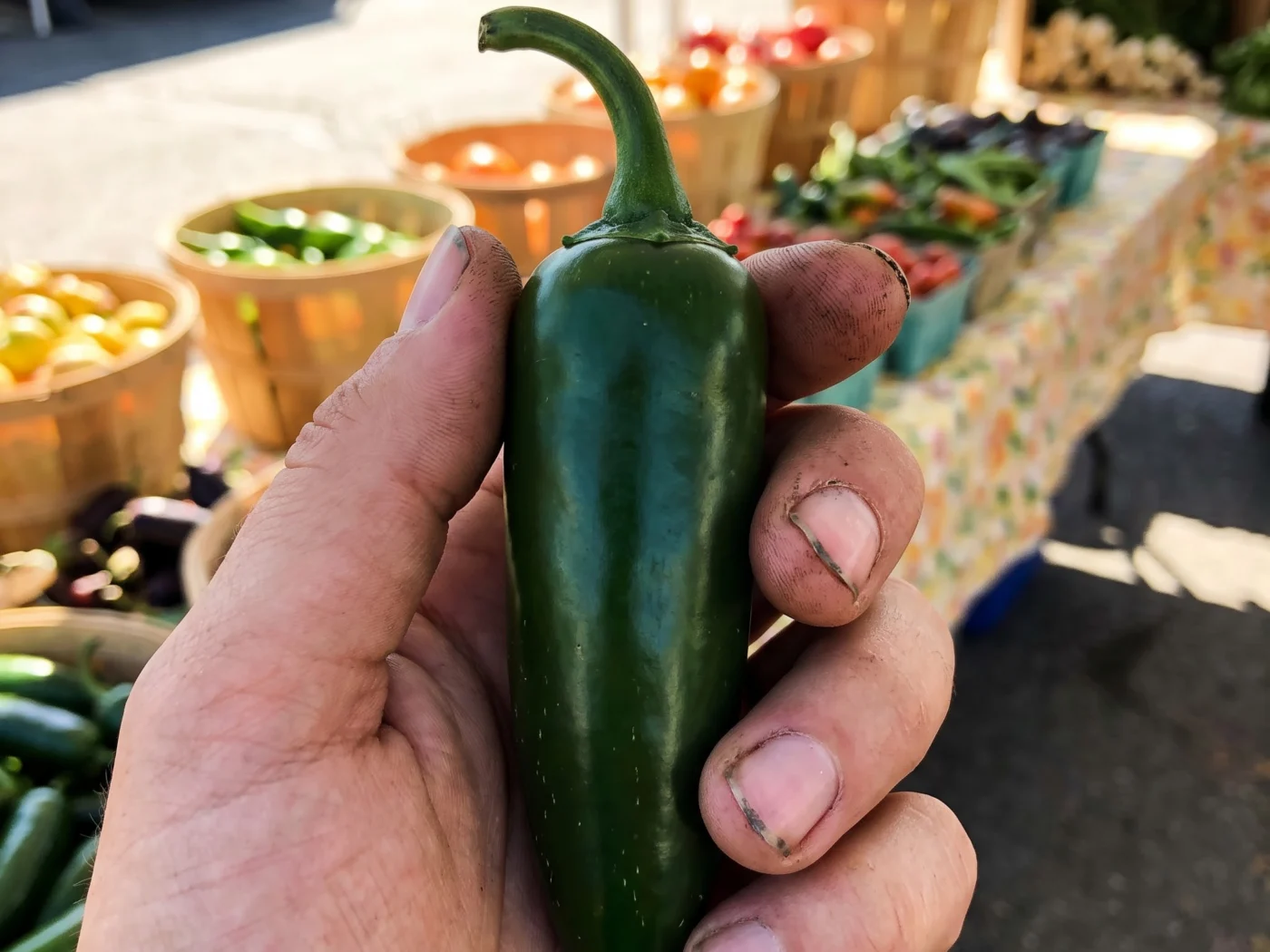 A hand holding a fresh green jalapeno pepper in front of market stall baskets filled with tomatoes, peppers and salad leaves