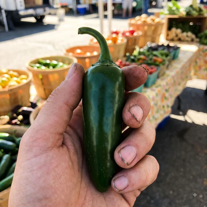 A hand holding a fresh green jalapeno pepper in front of market stall baskets filled with tomatoes, peppers and salad leaves