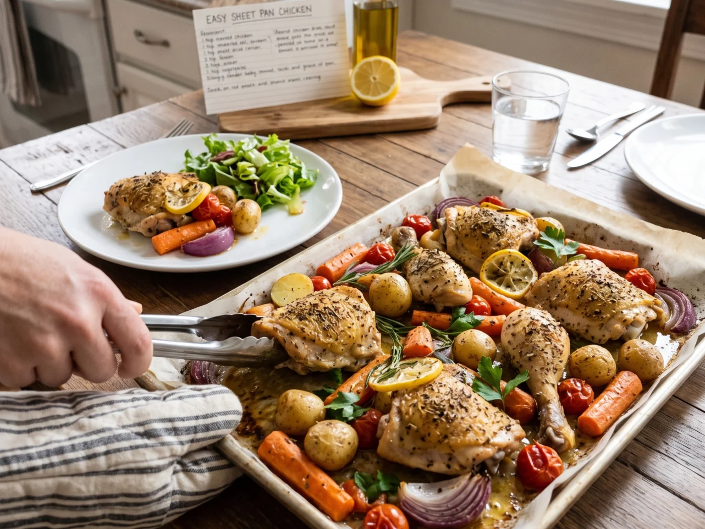 A baking tray of roasted chicken thighs and drumsticks with baby potatoes, carrots, cherry tomatoes and red onion, being lifted onto a kitchen table beside a plated serving and a salad