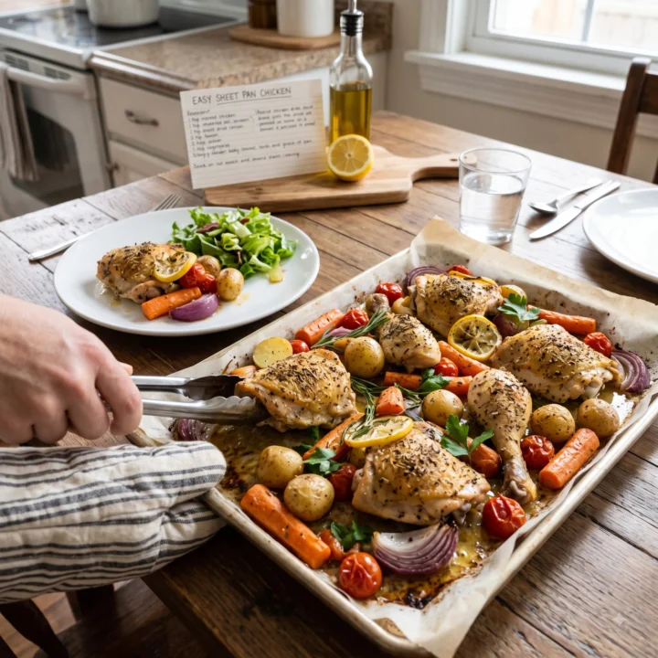 A baking tray of roasted chicken thighs and drumsticks with baby potatoes, carrots, cherry tomatoes and red onion, being lifted onto a kitchen table beside a plated serving and a salad