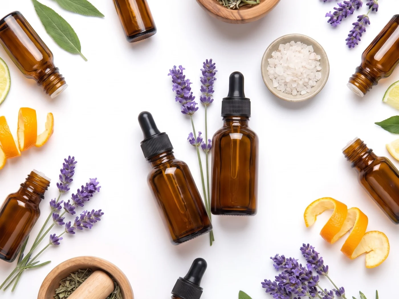 Amber glass dropper bottles of essential oils arranged with lavender sprigs, citrus peel, sage leaves and a mortar of dried herbs on a white background