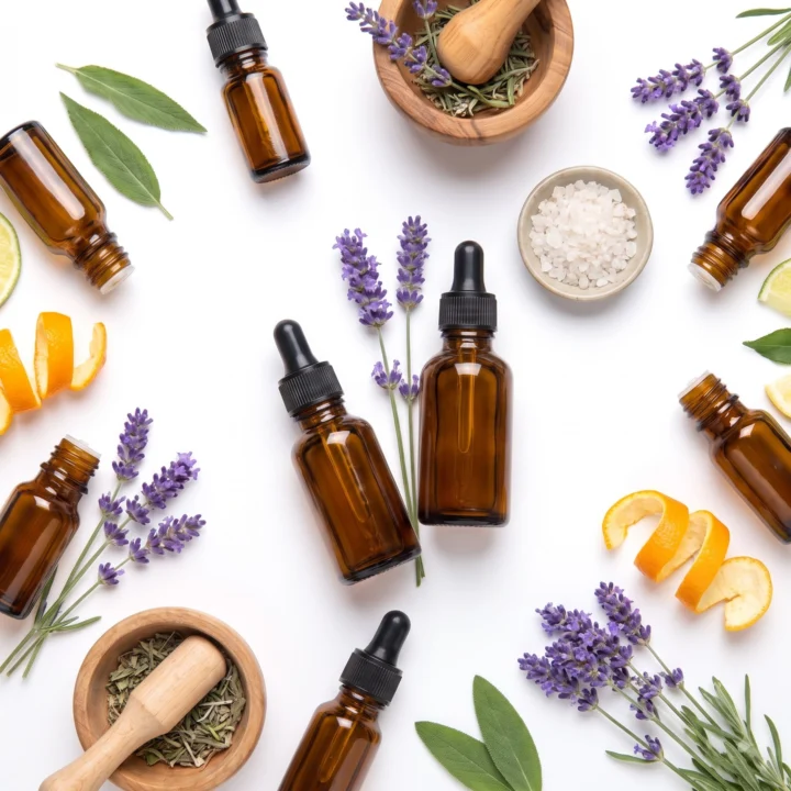 Amber glass dropper bottles of essential oils arranged with lavender sprigs, citrus peel, sage leaves and a mortar of dried herbs on a white background